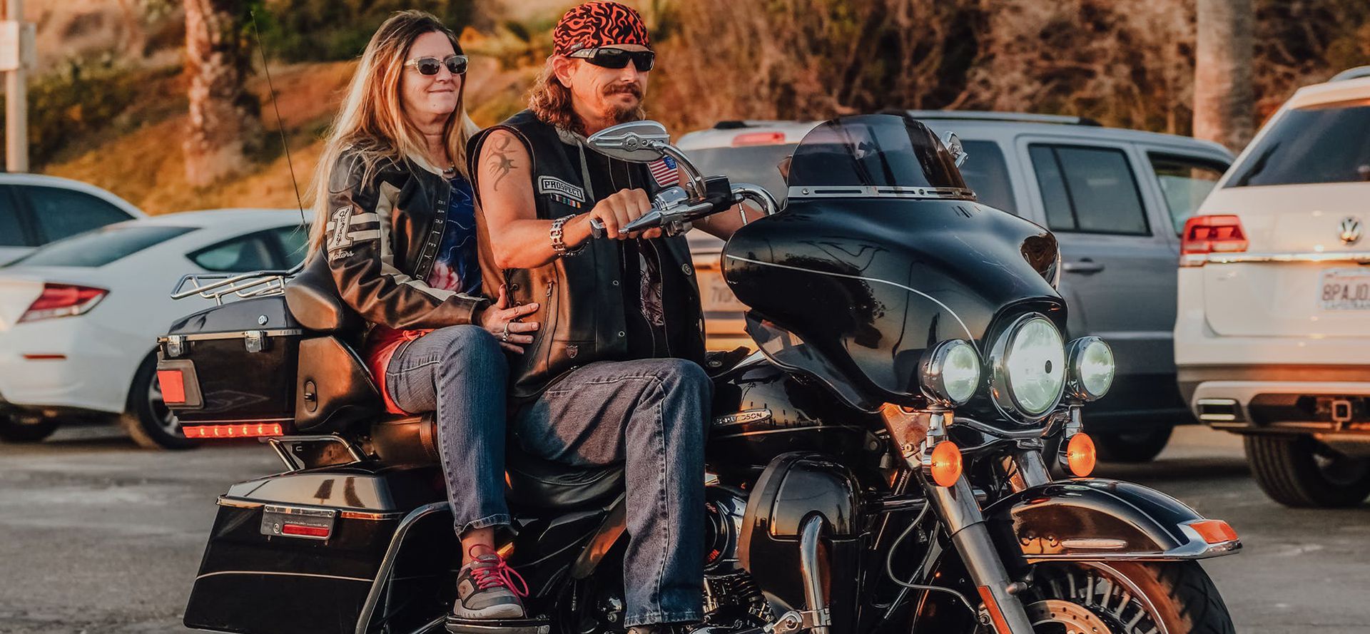 Biker couple on a motorcycle.