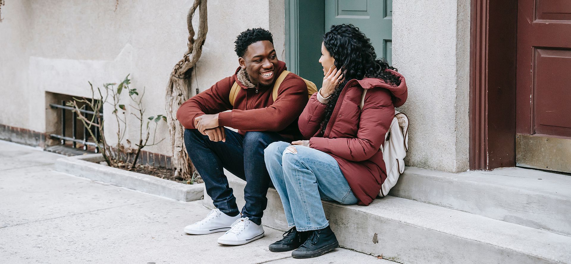 Young couple on dating on the street.