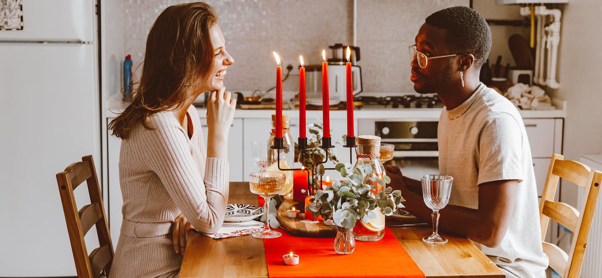 Couple on dating by candlelight.