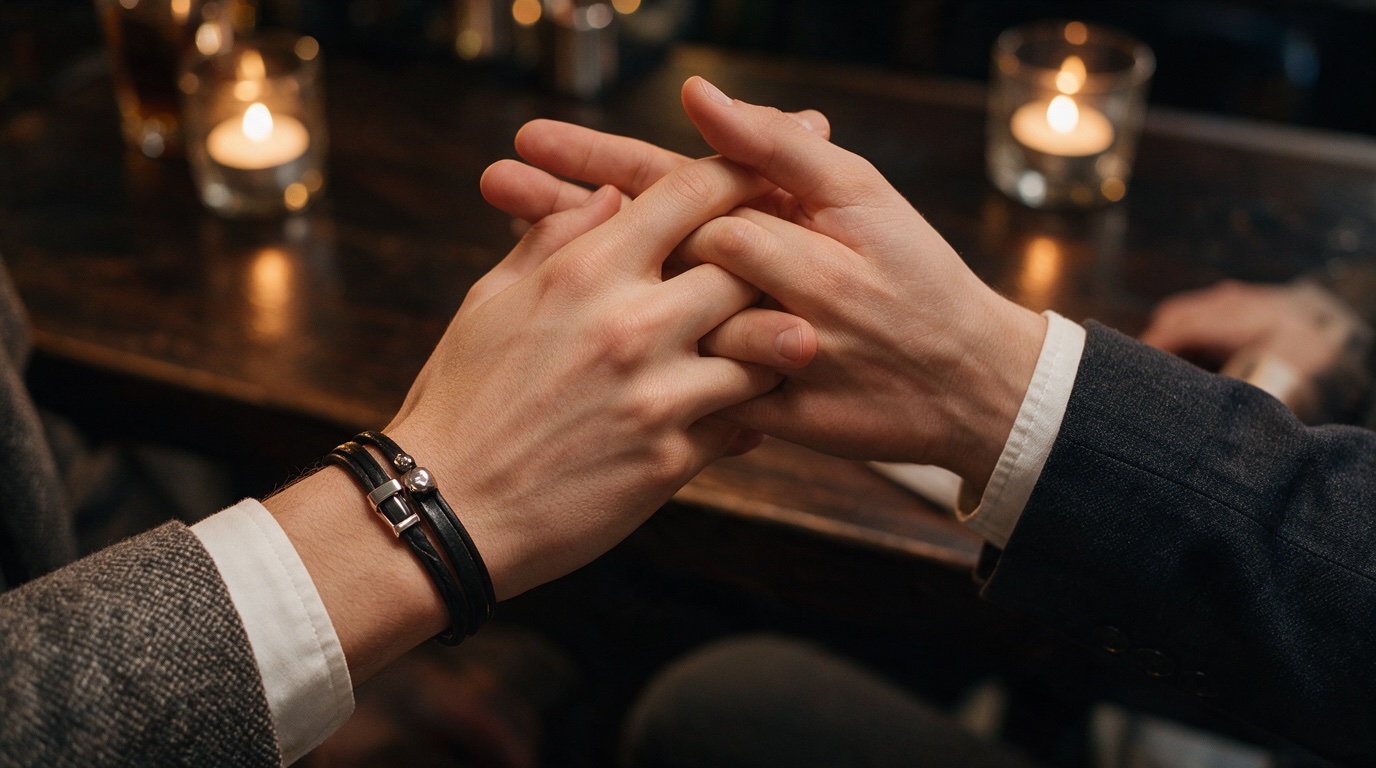 Couple holding hands on a kink date.