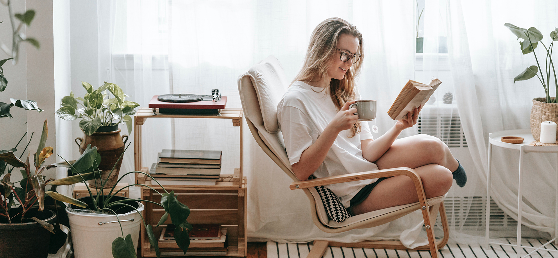 Single sober girl reading a book.