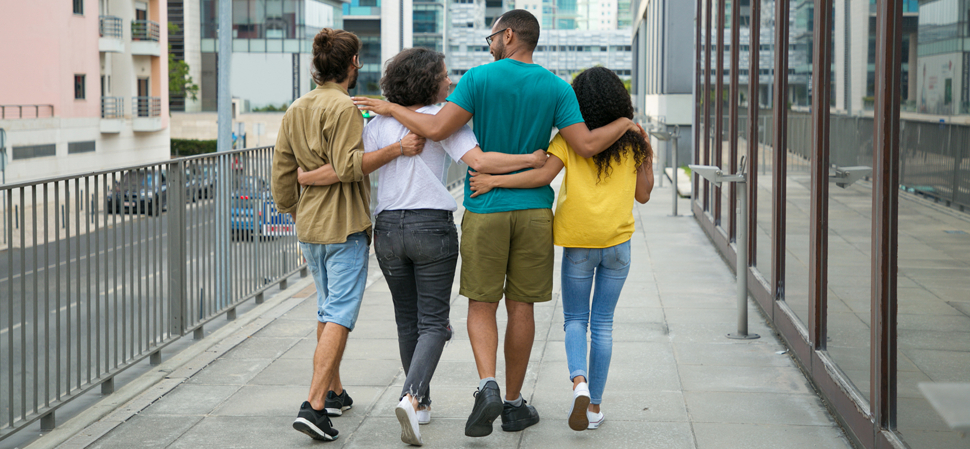 Friends hang out in the city.